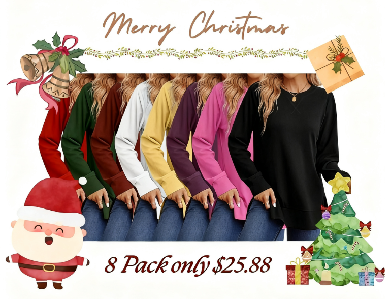 Christmas Deals$25.88 for 8 pack- Women's Long Sleeve Side Slit Loose Tops(Multiple Colors)