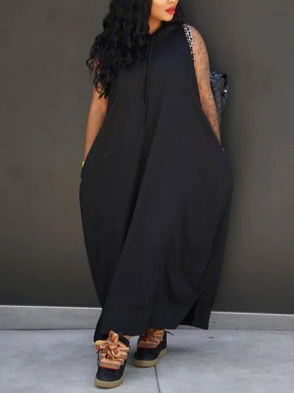 🔥Last day promotion⏰-Women's Plain Drawstring Hooded Tank Dress, Casual Pocket Sleeveless Maxi Dress for Summer, Fashion Women's Clothing for Daily Wear