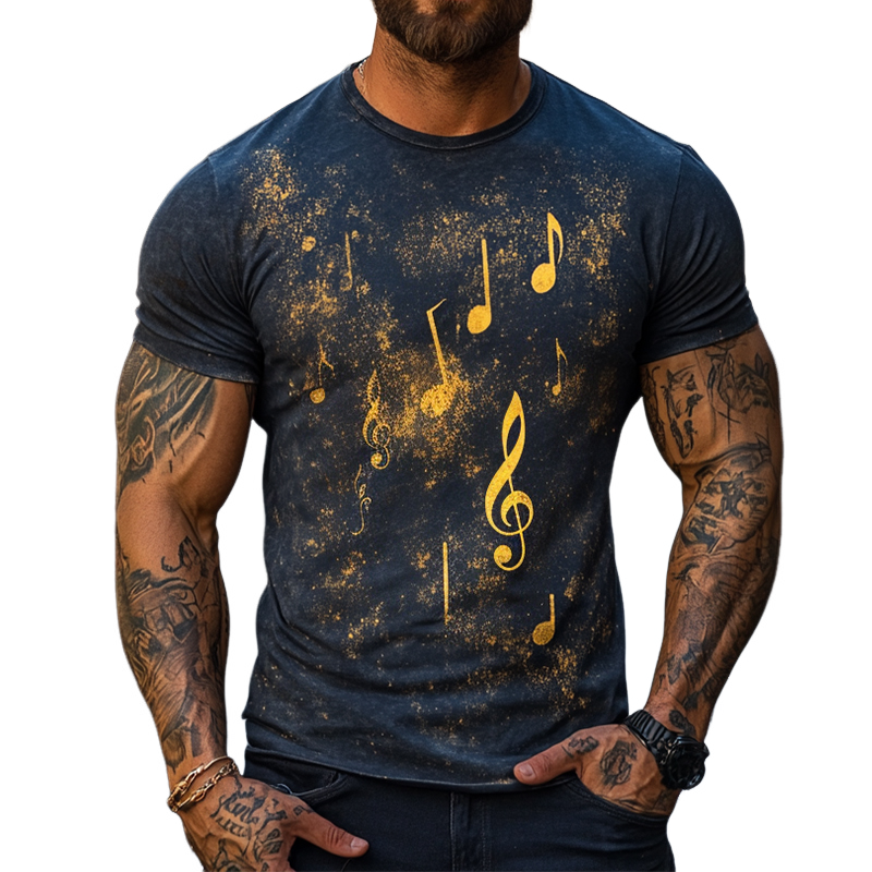 Men's Retro Casual Explosion Note Printed Round Neck Short Sleeve T-shirt MTA1570D9TO