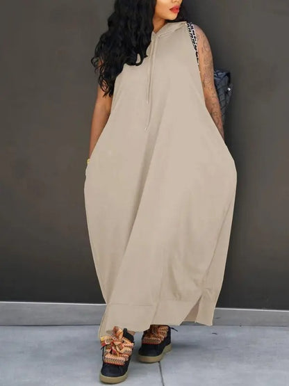 🔥Last day promotion⏰-Women's Plain Drawstring Hooded Tank Dress, Casual Pocket Sleeveless Maxi Dress for Summer, Fashion Women's Clothing for Daily Wear