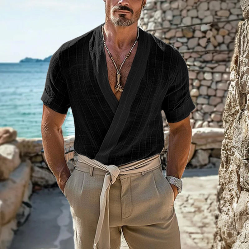 Men's Retro Solid Color Round Neck Raw Edge Short Sleeve T-Shirt 58726427Y