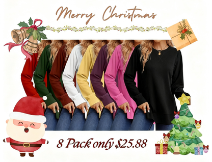 Christmas Deals$25.88 for 8 pack- Women's Long Sleeve Side Slit Loose Tops(Multiple Colors)
