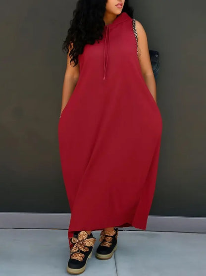🔥Last day promotion⏰-Women's Plain Drawstring Hooded Tank Dress, Casual Pocket Sleeveless Maxi Dress for Summer, Fashion Women's Clothing for Daily Wear