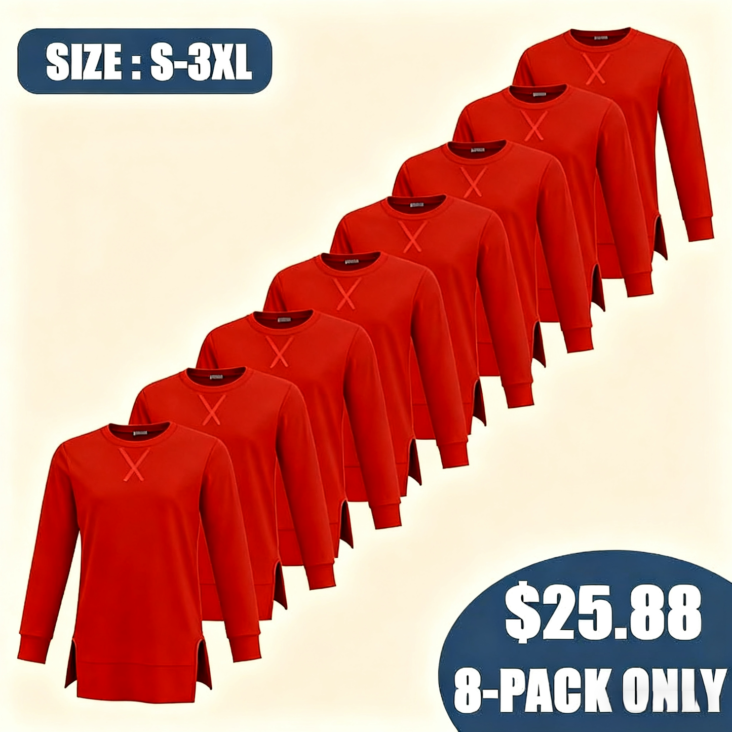 Christmas Deals$25.88 for 8 pack- Women's Long Sleeve Side Slit Loose Tops(Multiple Colors)