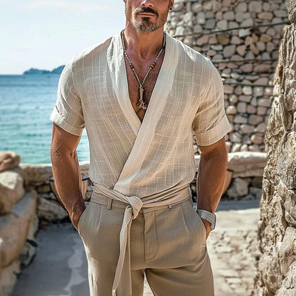 Men's Retro Solid Color Round Neck Raw Edge Short Sleeve T-Shirt 58726427Y